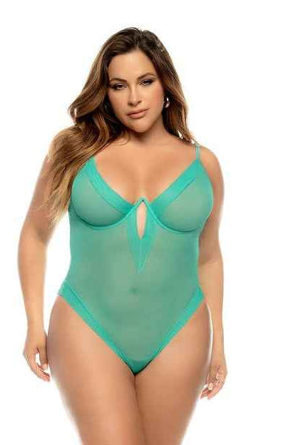 CT Lingerie Sheer Plunge plus size teal bodysuit lingerie
