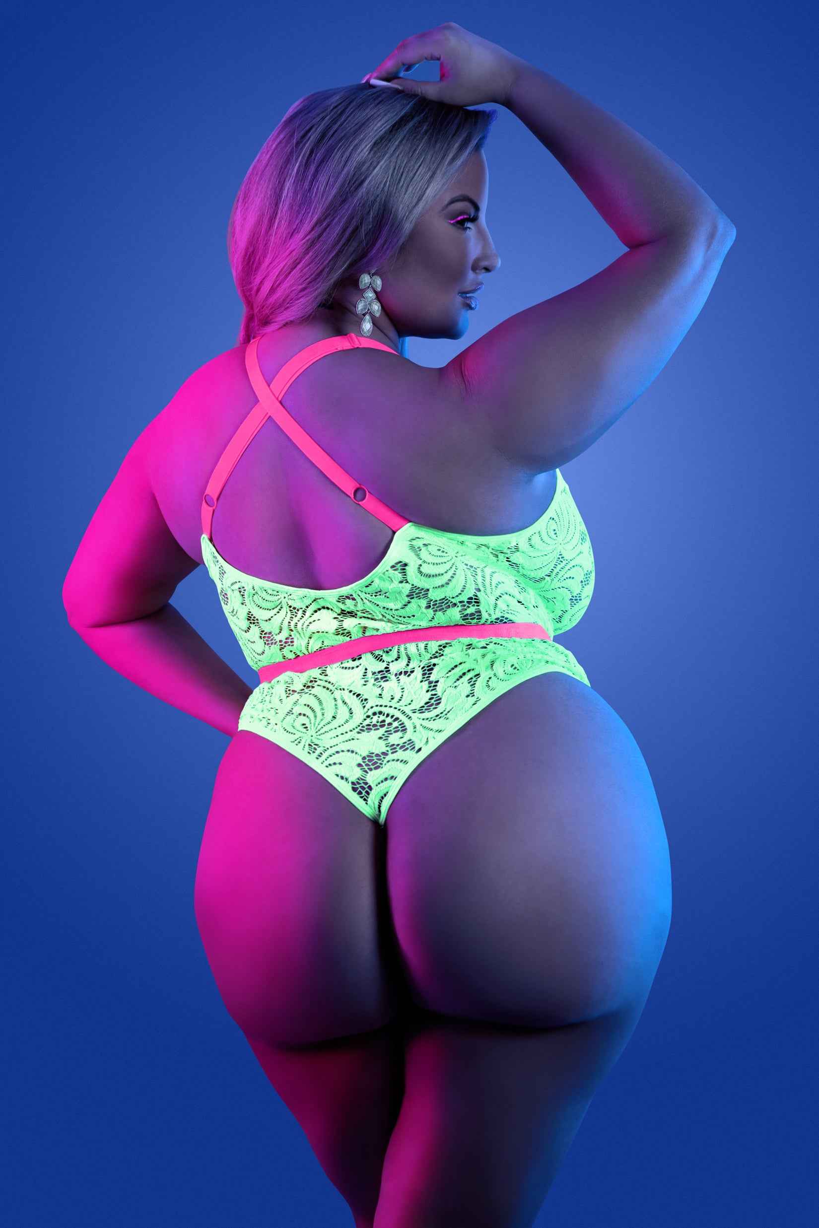 CT Lingerie plus size neon lace bodysuit on model back view with cross straps and high cut thong