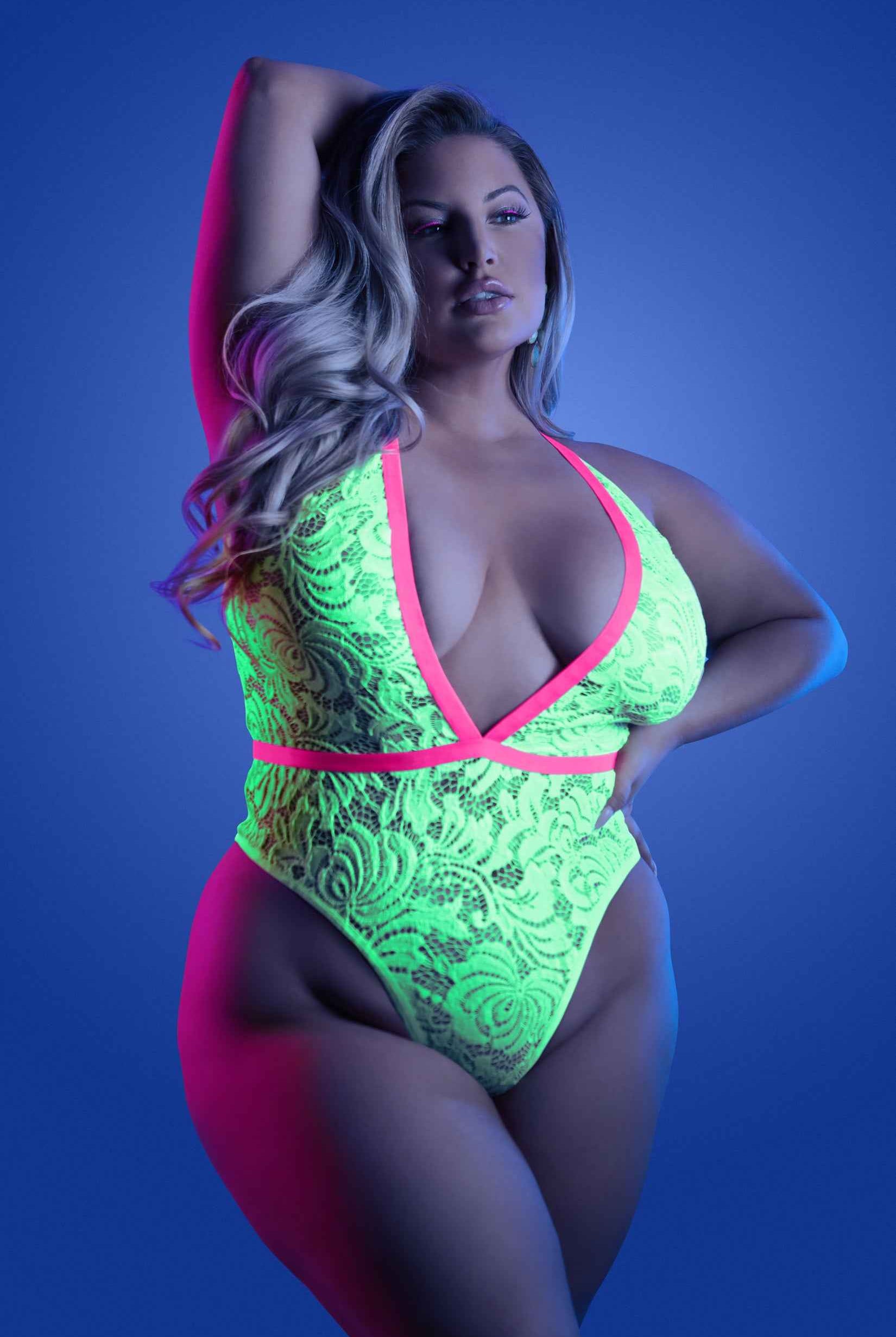 CT Lingerie plus size neon lace bodysuit - Plunge V-neck