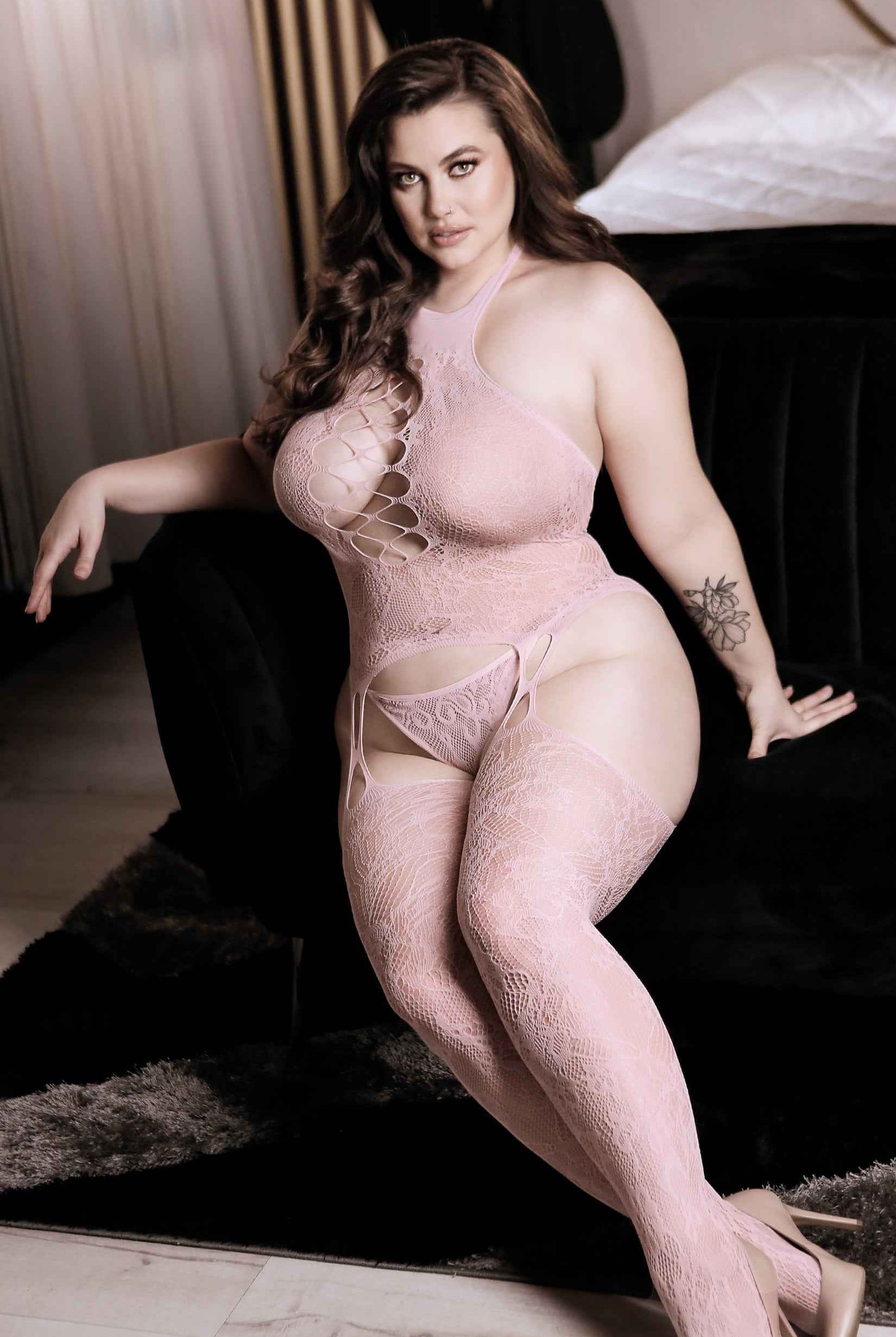 CT Lingerie plus size pink lingerie Lace Halter Bodystocking