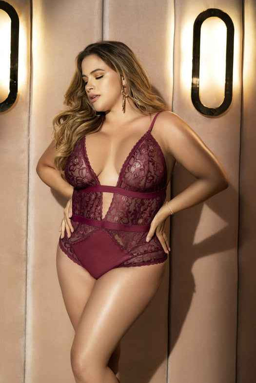 CT Lingerie plus size lace bodysuit - Burgundy Plunge