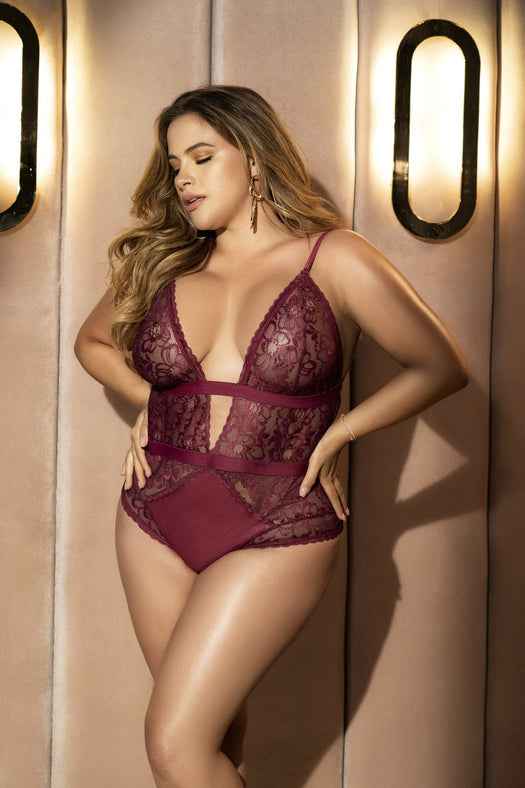 CT Lingerie plus size lace bodysuit - Burgundy Plunge
