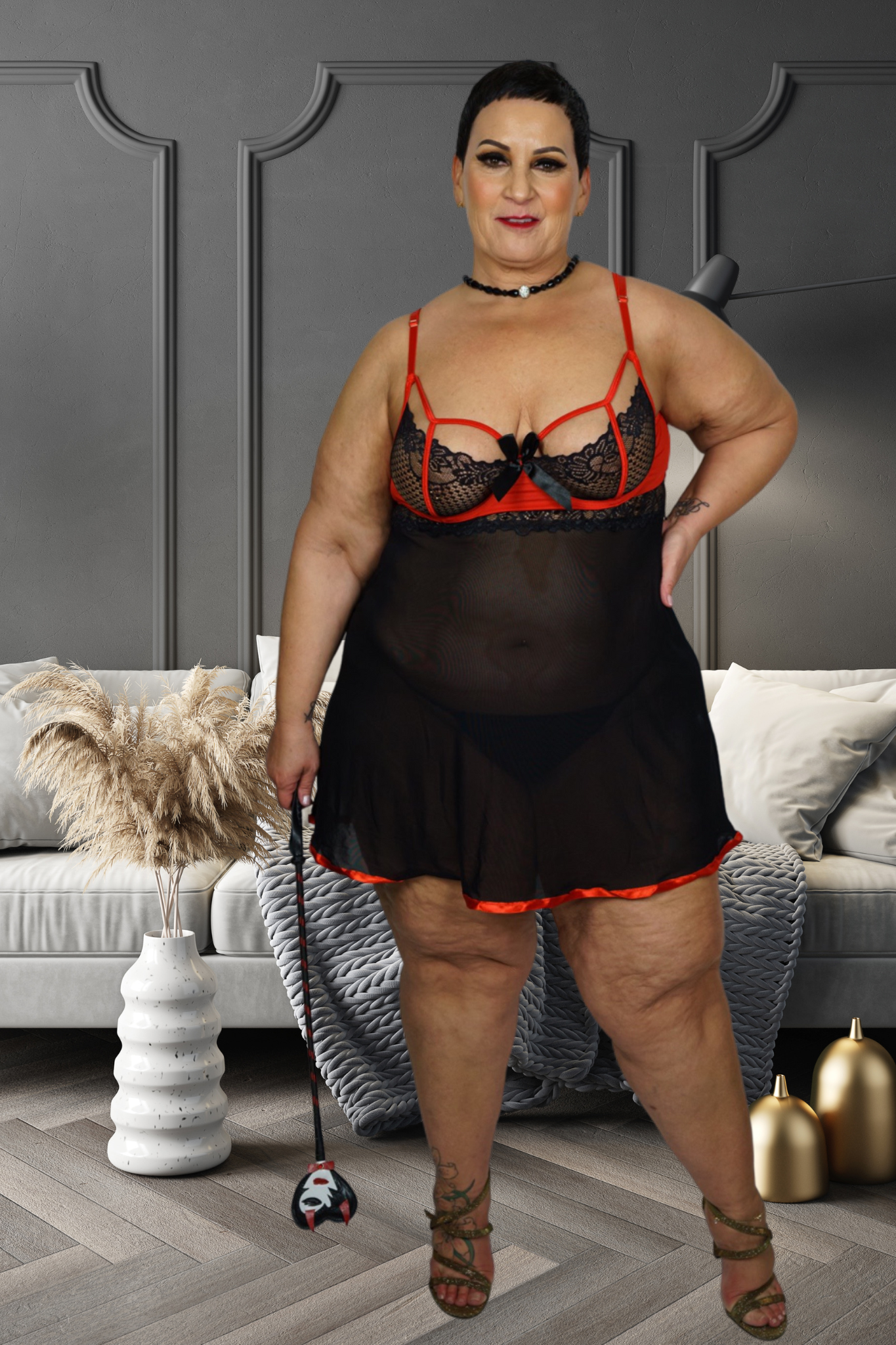 CT Lingerie - black red babydoll nightwear plus size - Lace