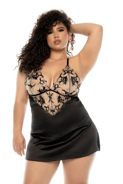 CT Lingerie plus size lingerie black satin babydoll with nude floral lace cups plunging neckline