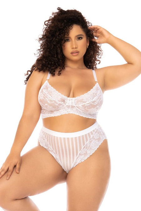 CT Lingerie plus size white lingerie set lace bralette and high waist sheer striped panty