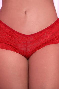CT Lingerie plus size heart print lingerie red lace babydoll panties shown on model torso