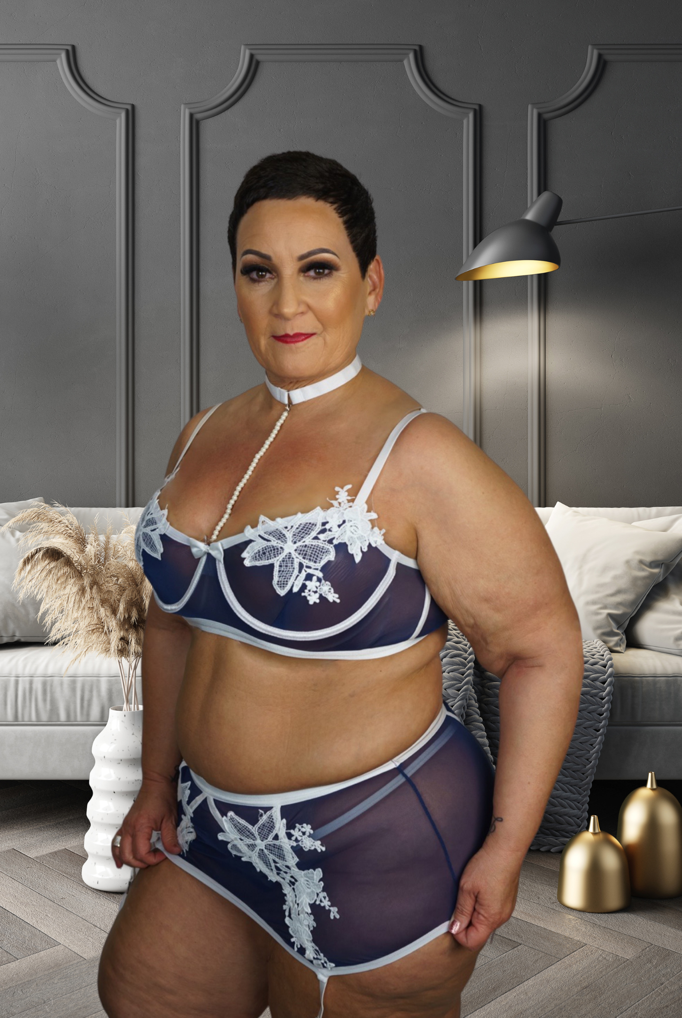 CT Lingerie Clearance Navy applique lingerie for curvy women