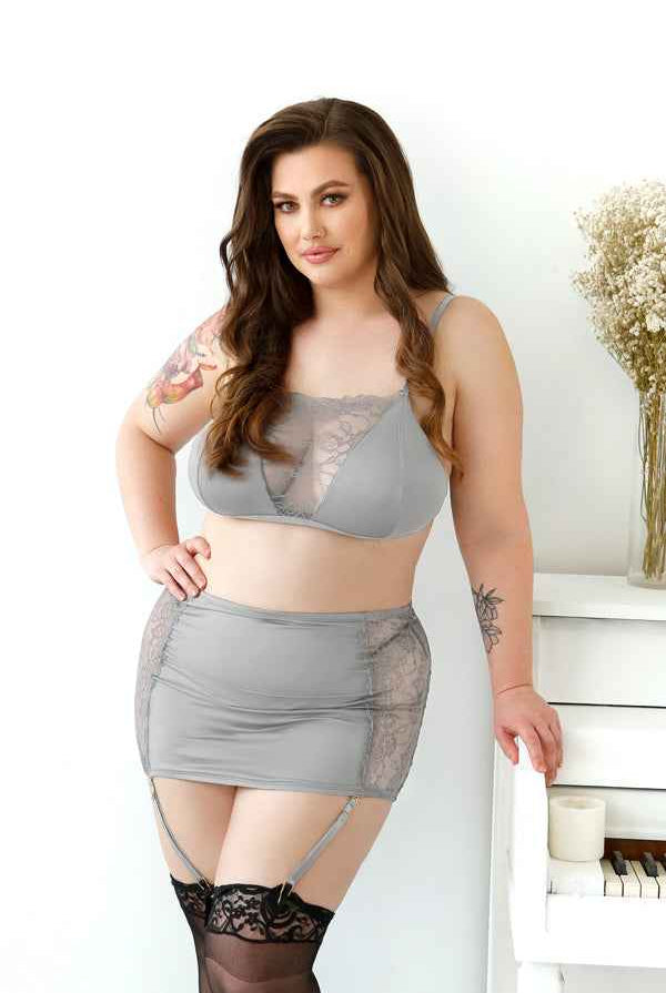 CT Lingerie Grey Lace Garter Skirt plus size lingerie set