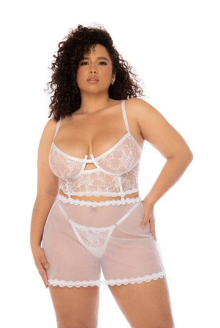 CT Lingerie plus size white lace lingerie babydoll with sheer skirt matching thong and underwire cups