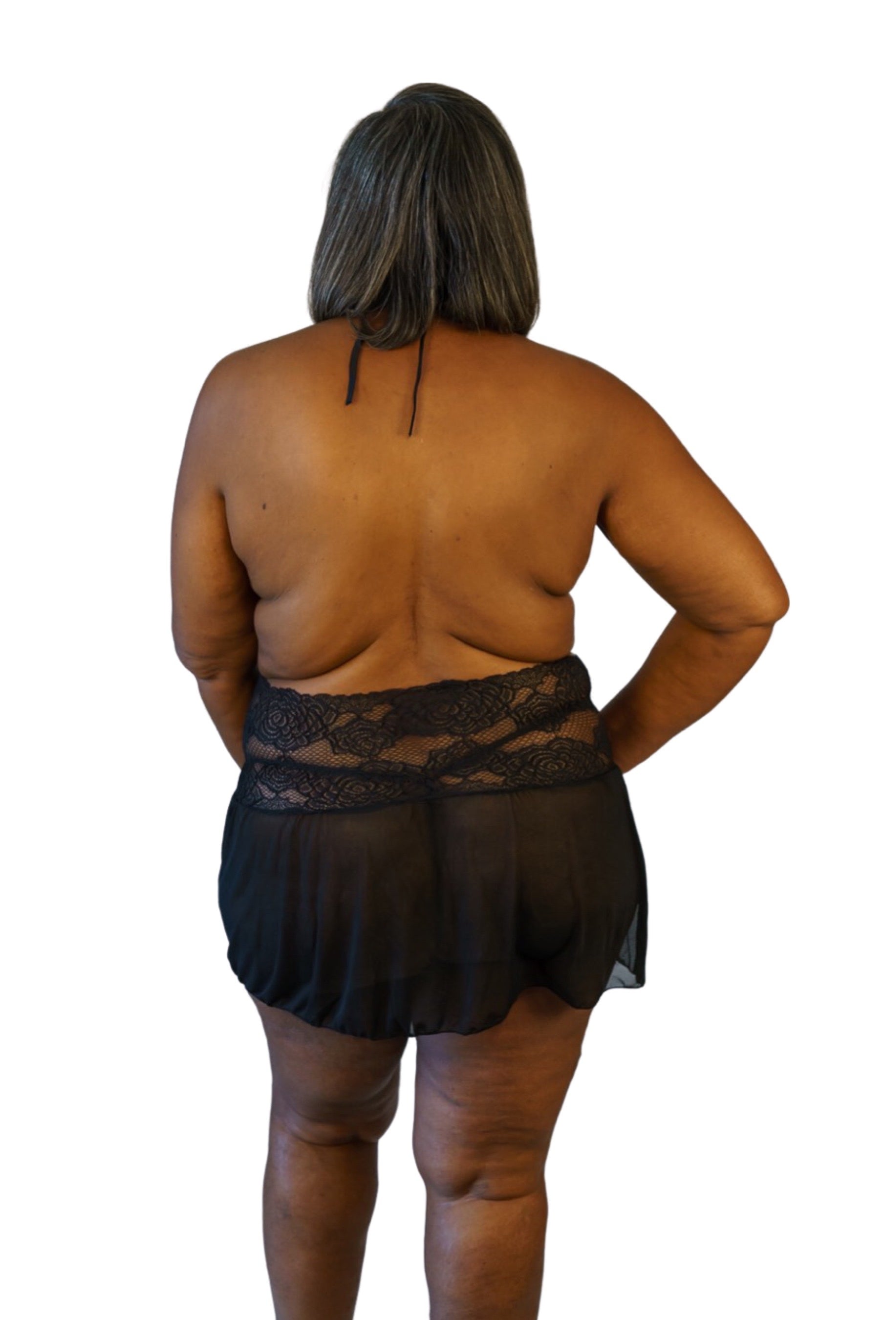 CT Lingerie black lace plus size babydoll rear view on plus size model sheer skirt and lace waist