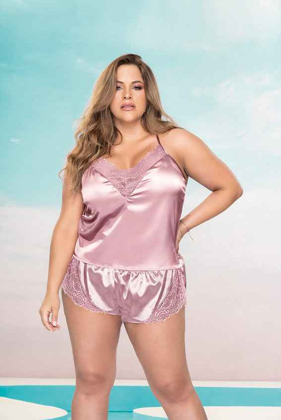 CT Lingerie plus size satin lingerie set - Lace Trim Pink