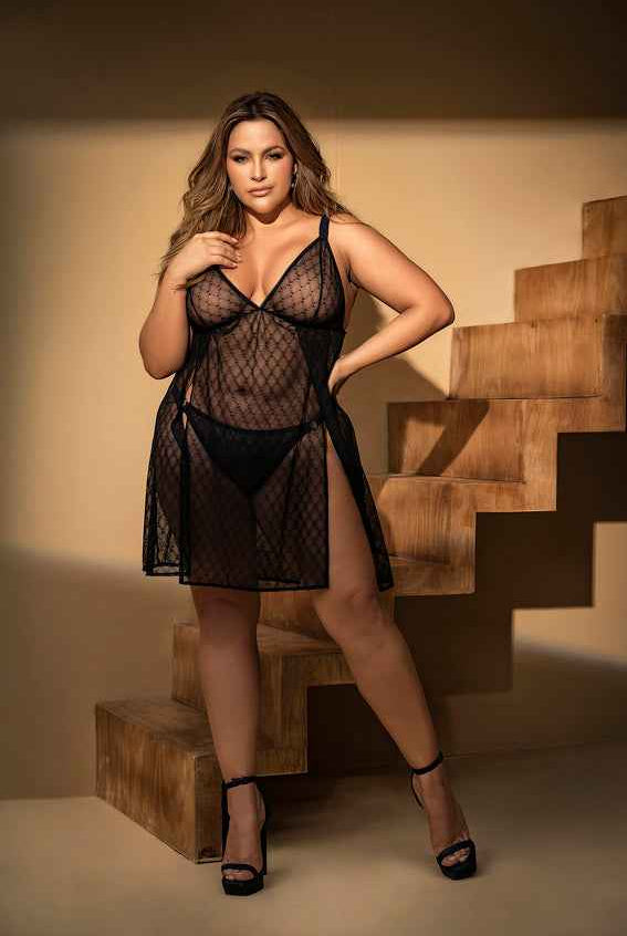 CT Lingerie plus size mesh babydoll lingerie Sheer V-Neck