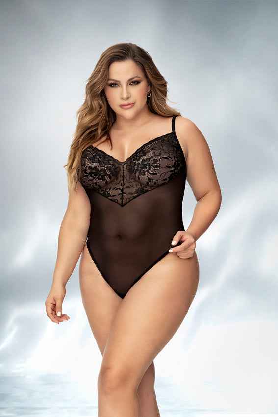 CT Lingerie plus size sheer mesh bodysuit in black with lace cups adjustable straps high cut leg
