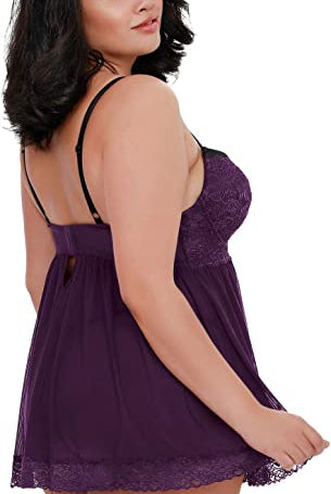 Flirty plus size lingerie deep purple babydoll with lace detailing and adjustable straps