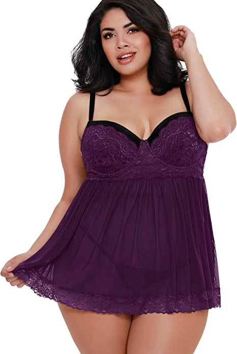 Flirty plus size lingerie purple lace babydoll with black straps by CT Lingerie clearance