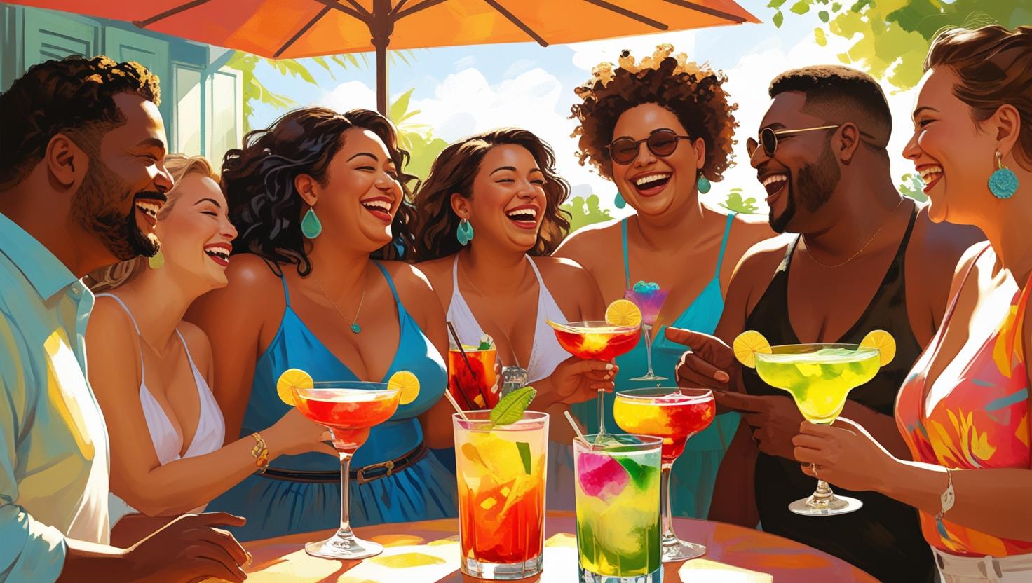 Group of diverse friends enjoying colorful summer cocktails outdoors in stylish outfits for summer dress code guide for all sizes