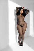 CT Lingerie plus size fishnet bodysuit long sleeve sheer open weave bodystocking on model