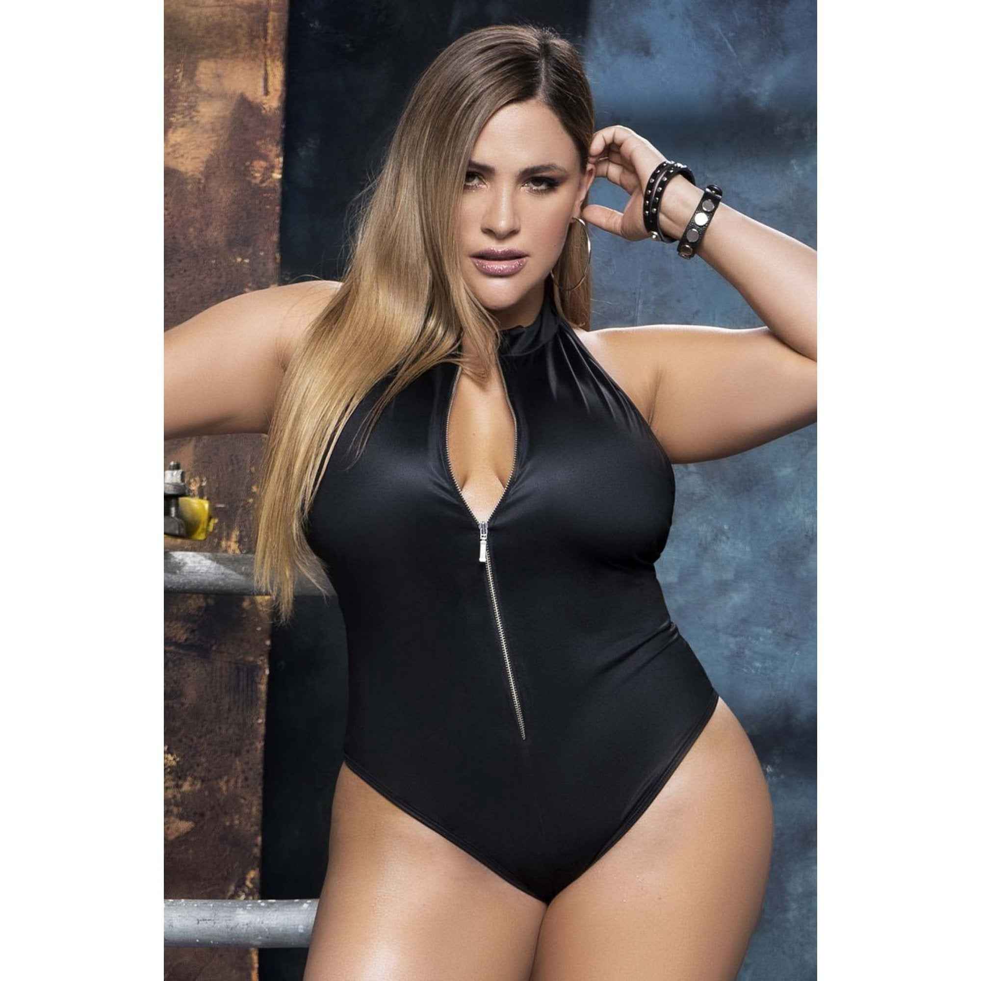 CT Lingerie Clearance: plus size black bodysuit lingerie Zip