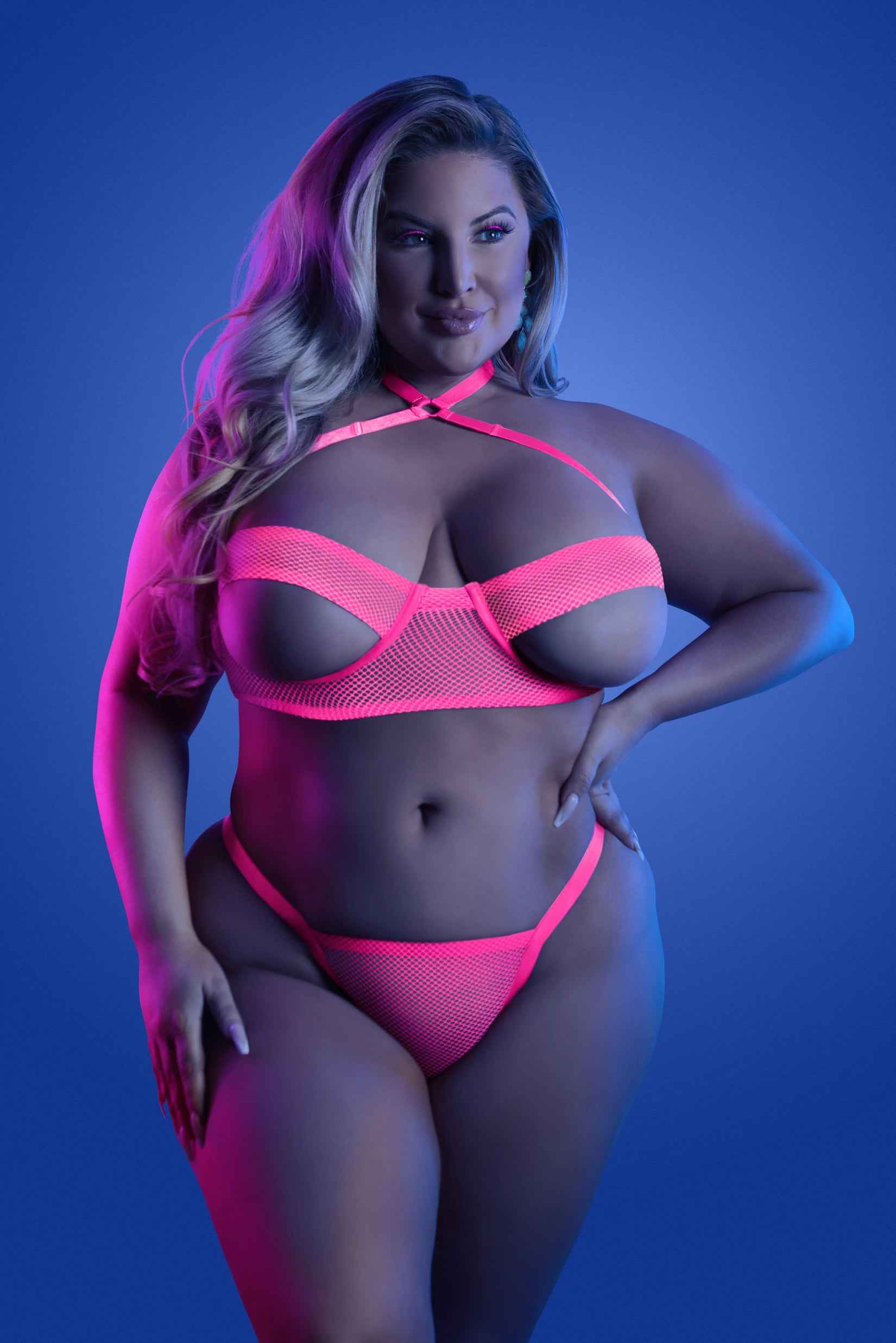 CT Lingerie plus size mesh lingerie set - Neon Pink Strappy