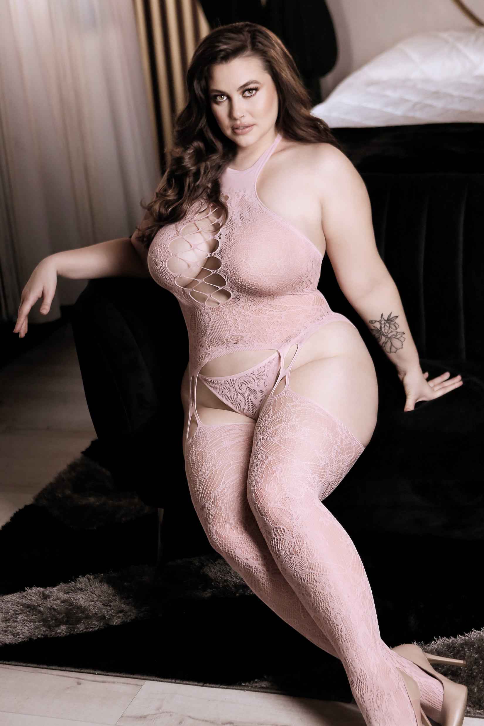CT Lingerie plus size pink lingerie Lace Halter Bodystocking