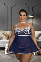 CT Lingerie clearance navy sheer babydoll with white lace accents and pearl choker lingerie on plus size model