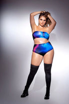 CT Lingerie sexy strapless top and panty set in blue and pink with black thigh-high stockings