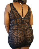 CT Lingerie clearance sexy black lace chemise back view on plus size model with V back and sheer lace