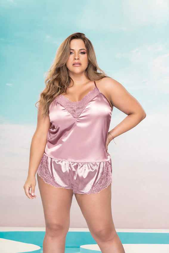 CT Lingerie plus size satin lingerie set - Lace Trim Pink