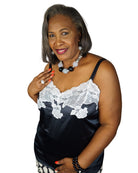 CT Lingerie clearance sexy plus size lingerie satin black camisole with white lace trim on smiling plus size model