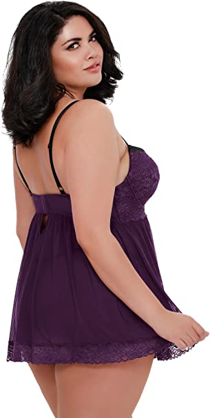 Flirty plus size lingerie deep purple babydoll with lace detailing and adjustable straps