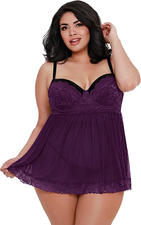 Flirty plus size lingerie purple lace babydoll with black straps by CT Lingerie clearance