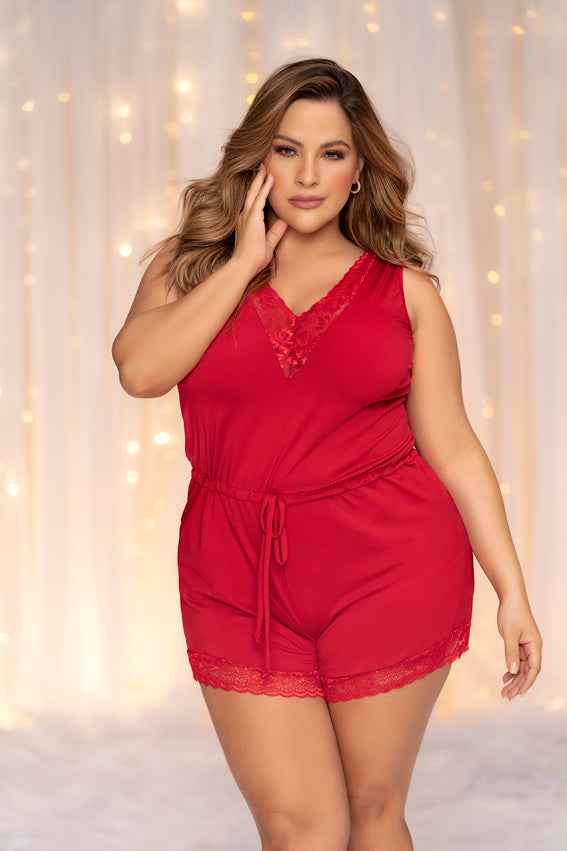 CT Lingerie plus size lace sleep romper - Soft Red