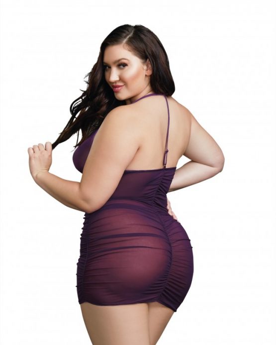 Plus size model wearing purple mesh chemise dress from CT Lingerie clearance collection