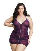 Plus size model wearing CT Lingerie purple mesh chemise dress with front zipper closure