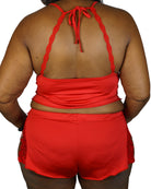 Back view of plus size floral lace cami set in red with lace straps and matching shorts