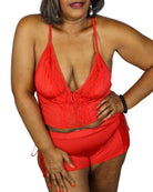 Plus size floral lace cami set in vibrant red with lace detailing and adjustable straps from CT Lingerie clearance