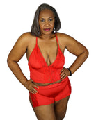 Plus size floral lace cami set in red worn by model showcasing delicate lace and comfortable fit