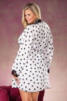 Plus size heart print kimono in white with black hearts and lace details from CT Lingerie clearance collection