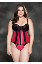 CT Lingerie satin corset for full figure in pink with black lace accents and adjustable straps
